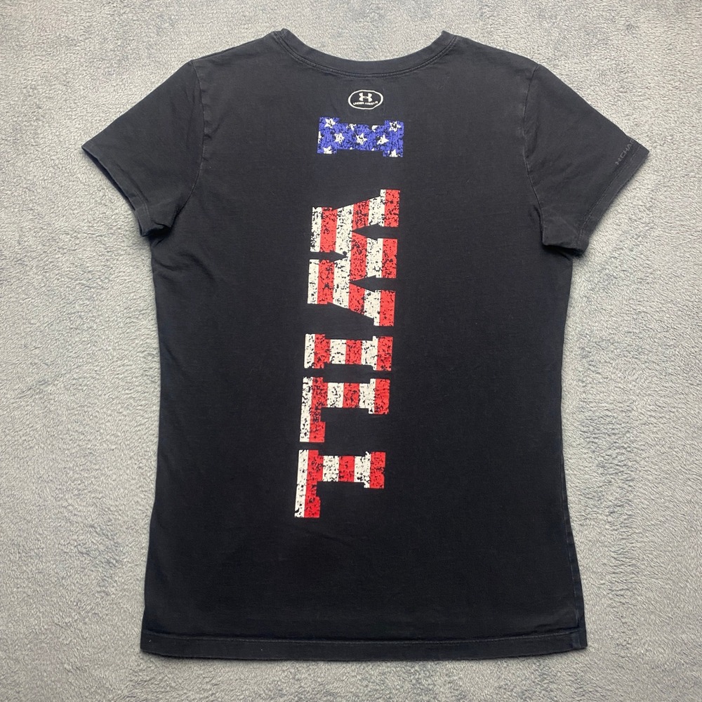 Under Armour Tshirt Womens Medium Black HeatGear USA Flag Graphic Semi-Fitted - Picture 2 of 7